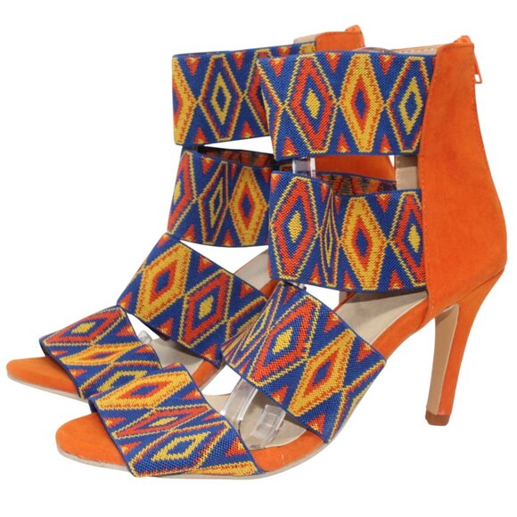 Tribal Gladiator 9.5M Blue Orange Multicolored Ankle Strap Zipper Accent Heels - Picture 6 of 7
